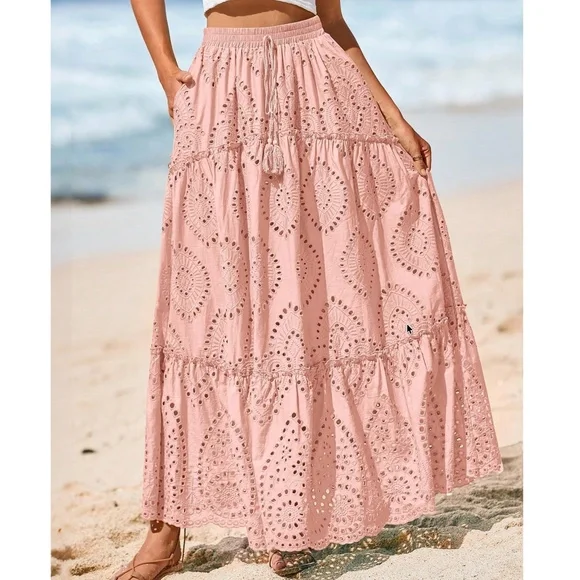 Boho Royal Blue Eyelet Stretchy waist Lined Maxi Skirt - Picture 7 of 12